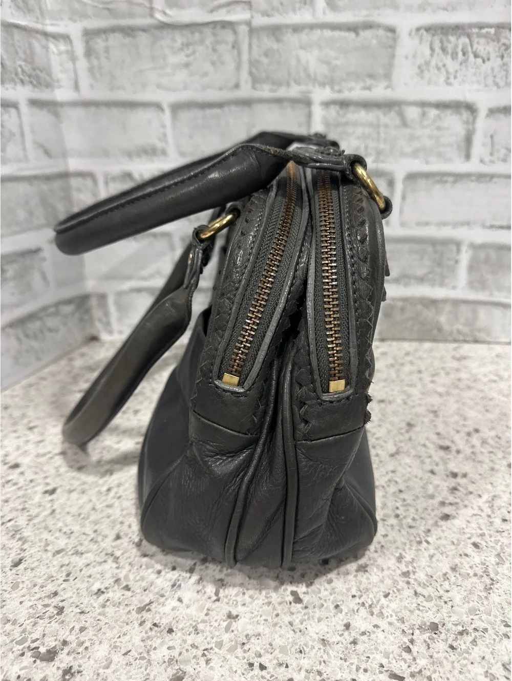 Y2K Juicy Couture Gray Leather Modern Queen Baroque Satchel with Chevron Detail